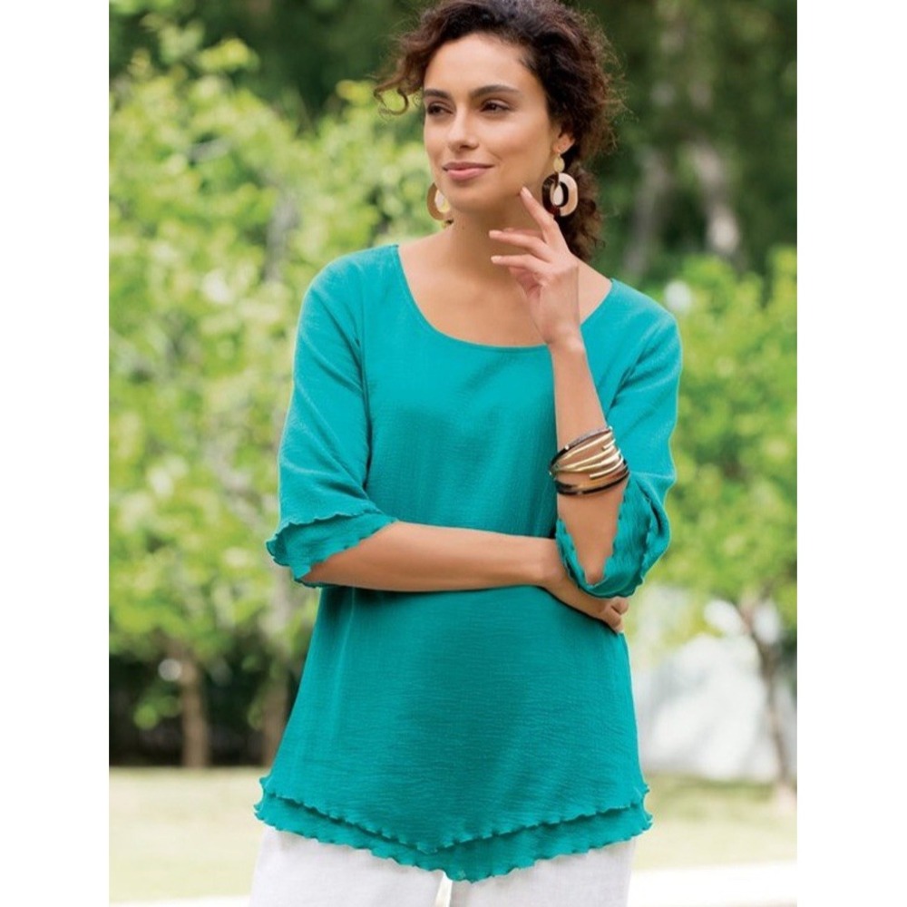 Soft Surroundings Tunic Top Womens Size 1X Siesta Green Gauzy‎ 3/4 Sleeves Beach
